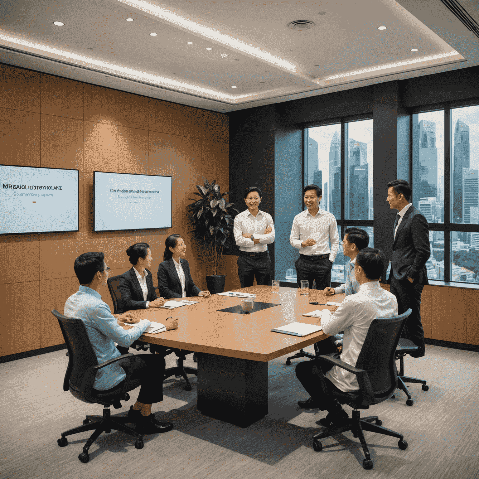 A diverse group of professionals in a modern Singapore meeting room, showcasing respectful cross-cultural interactions