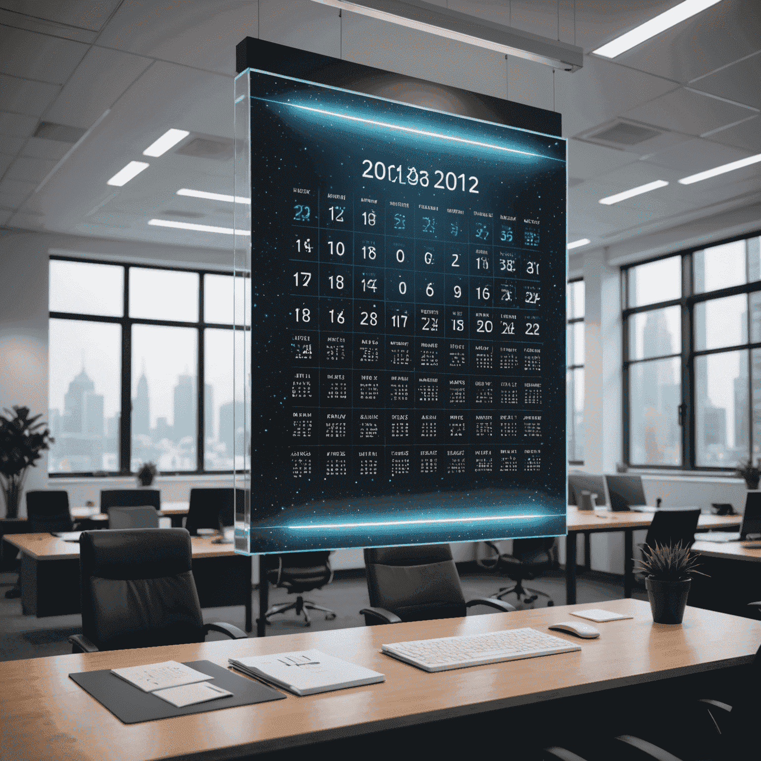 A futuristic 3D holographic calendar interface floating in an office space, representing the future of scheduling technology